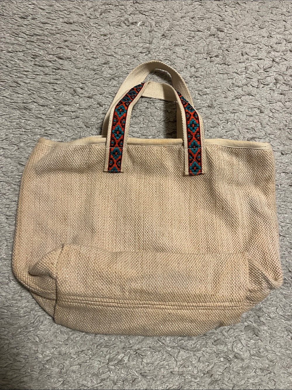 GAP Beige Canvas Tote with Patterned Red and Teal Handles